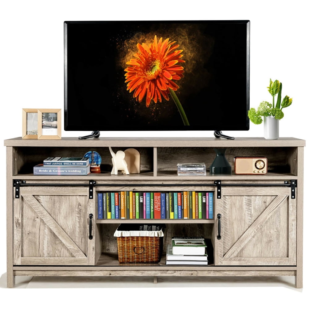 Finihen TV Stand, TV Cabinet, 59 Inch Sliding Barn Door TV Stand with Adjustable Shelves for TVs up to 65 Inch, for Living Room, Bedroom, Light Brown