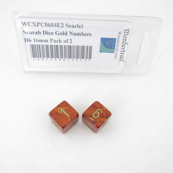Scarlet Scarab Dice with Gold Numbers D6 Aprox 16mm (5/8in) Pack of 2 Wondertrail