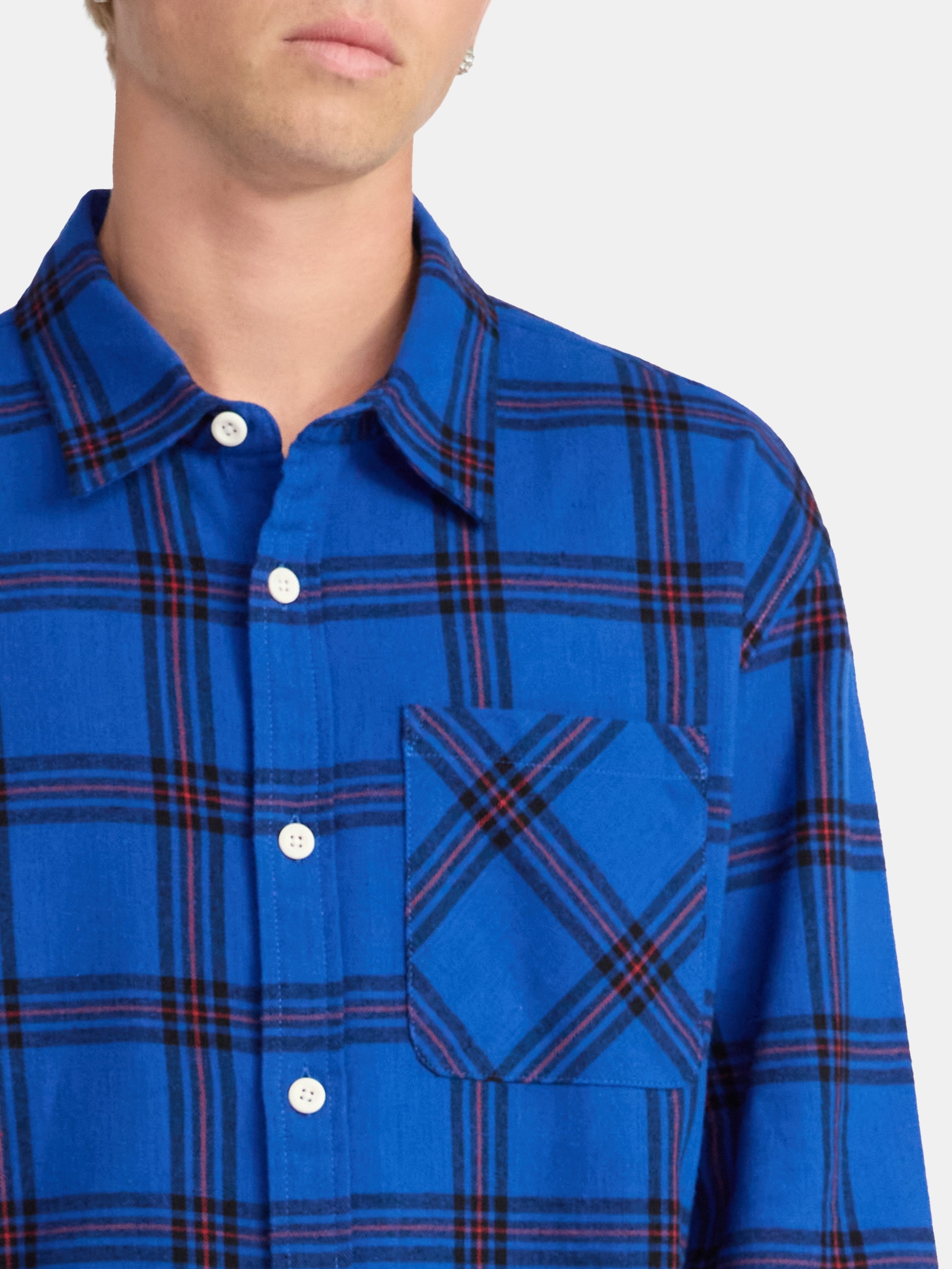 No Boundaries Collared Cotton Boxy Cropped Fit Flannel Shirt, Men's and Big Men's Sizes XS-5XL
