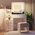 thumbnail image 3 of LED Vanity Desk with Sliding Mirror and Stool, 3 Color Lighting Makeup Table with 4 Drawers and Charging Station, Space Saving Bedroom Dressing Table, Wood/Black/White/Pink/Marble, 3 of 7