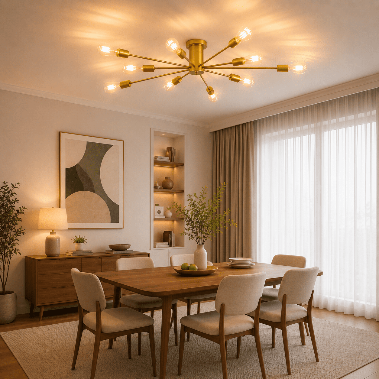 Garwarm 10-Light Gold Sputnik Chandelier, Modern Semi Flush Mount Ceiling Light, Industrial Ceiling Lighting Fixture for Dining Room, Living Room, Bedroom, Kitchen, Foyer