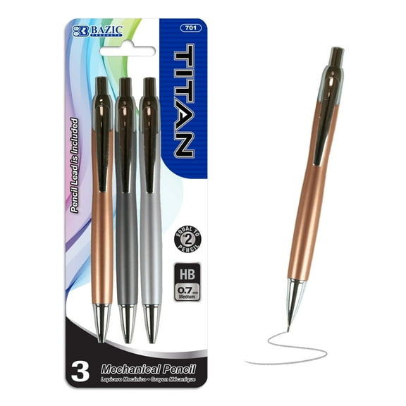 BAZIC Titan Mechanical Pencil 0.7mm, Latex Free Eraser, (3/Pack), 1-Pack