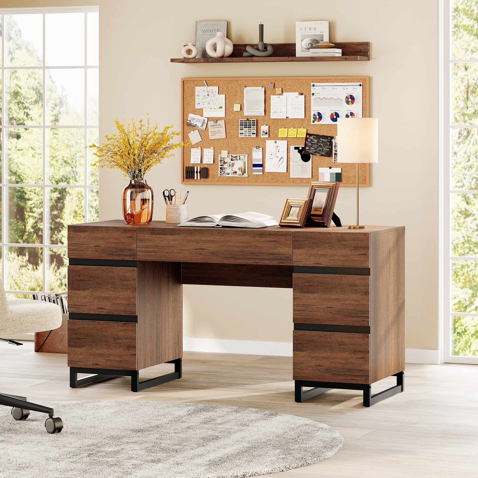 WAMPAT Home Office Set: 59" Modern Desk with Charging Station and Storage Cabinet,Three 72" Tall Bookcases with Adjustable Shelves, Wood Computer Desk and Library Storage Cabinet for Work Study,Brown