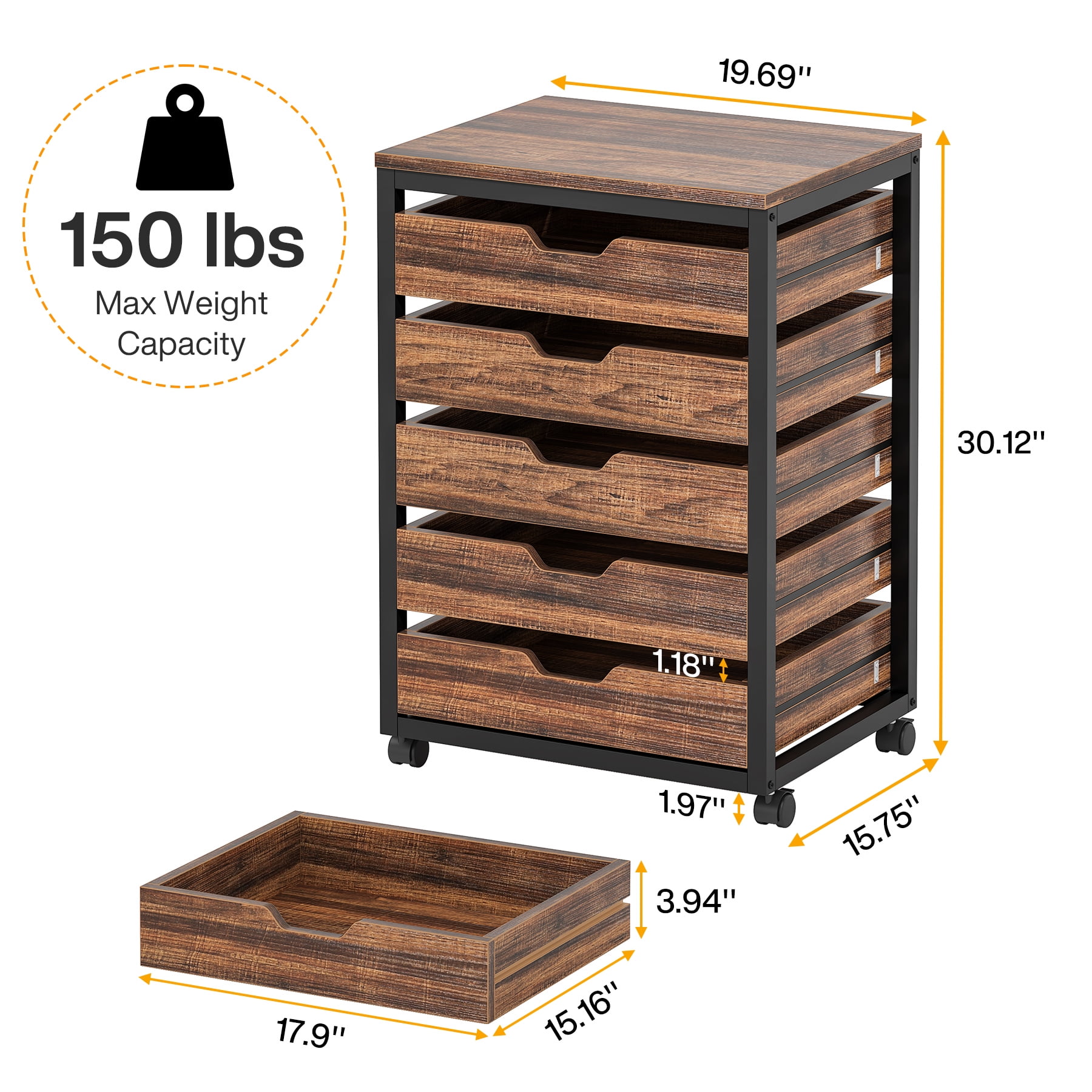 Tribesigns 5 Drawer Chest, Wood Storage Dresser Cabinet with Wheels, Industrial Storage Drawer Organizer Cart for Office Bedroom Entryway, Rustic Brown