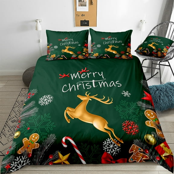 Move Over Gold Deer Bedding Sets King Green Christmas Duvet Cover Set Deer Pattern Microfiber No Filling