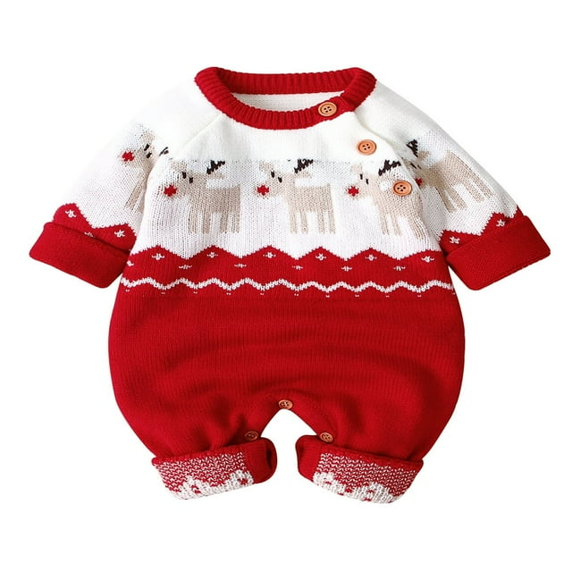 Barboteuse de Noël pour Bébé en Tricot avec Imprimé de Cerf, Manches Longues et Col