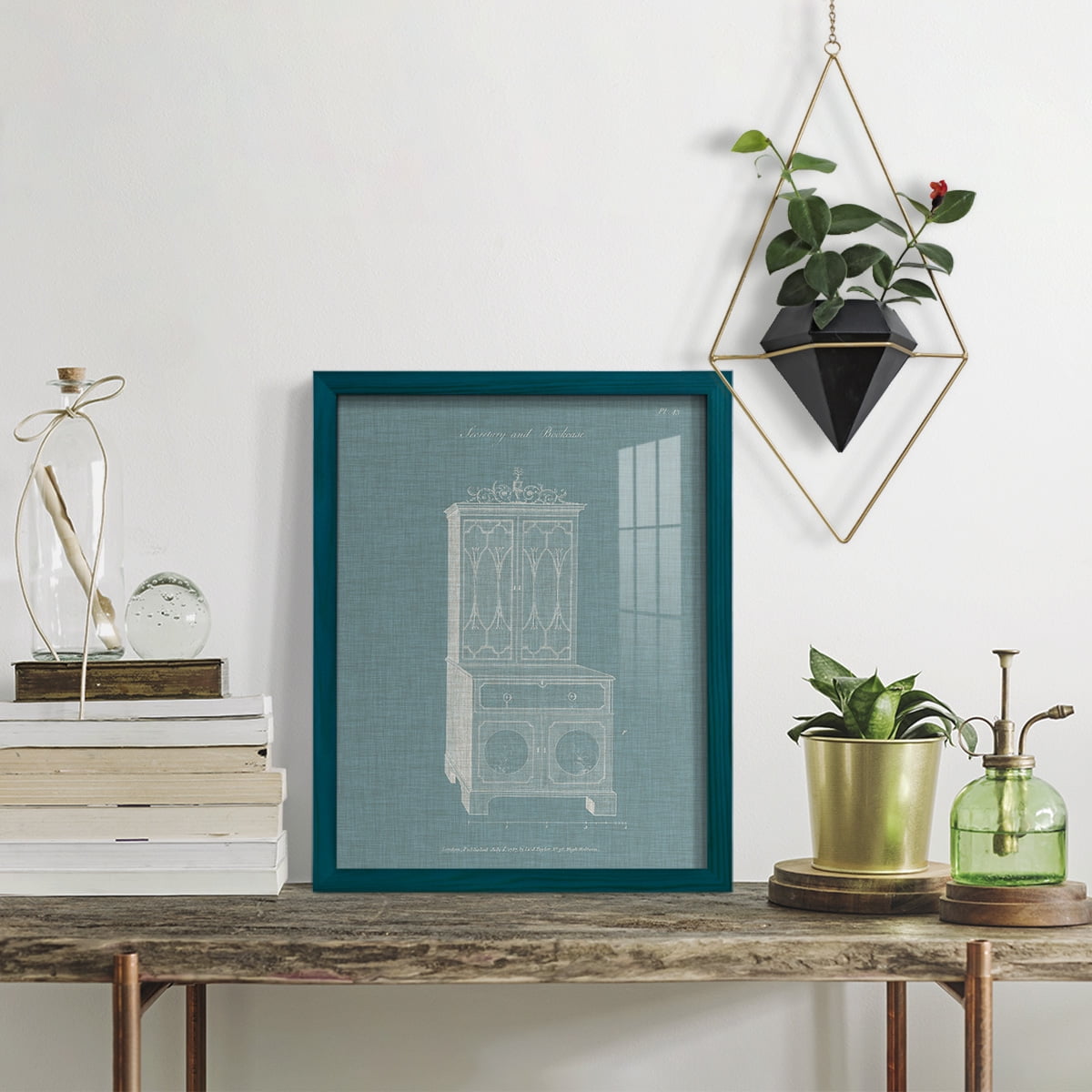 Hepplewhite Desk & Bookcase III - Framed Print w/glass - Ocean Blue