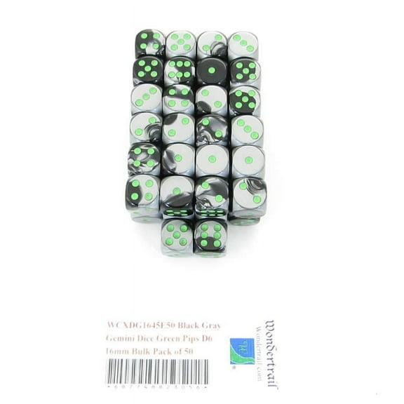 Black and Gray Gemini Dice with Green Pips D6 16mm (5/8in) Bulk Pack of 50 Wondertrail