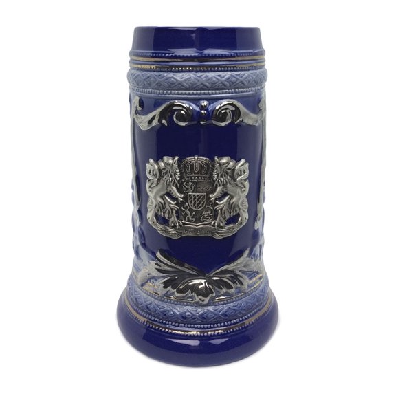 Oktoberfest Haus Deluxe Relief Bayern Coat of Arms Germany Metal Medallion Beer Stein - Blue Ceramic Beer Mug |0.6L