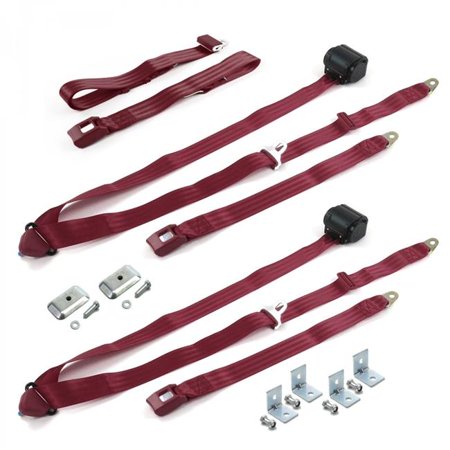 SafeTBoy Standard 3 Point Burgundy Retractable Bench Seat Belt Kit with Bracketry for Early Cars 1941-1948 - 3 Belts