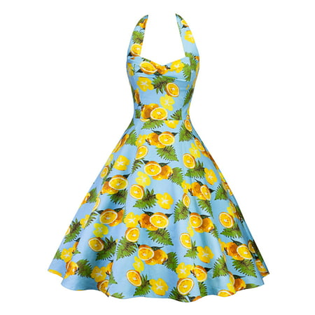 Vintage Dress for Women 50s 60s Retro Floral Print Rockabilly Halter Swing Dress Party Prom Pinup Cocktail Ball Gown