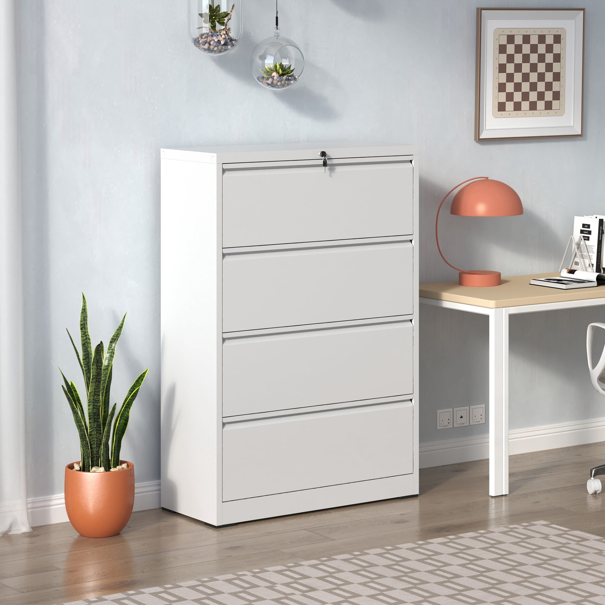 Lateral File Cabinet 4 Drawer, White Filing Cabinet with Lock, Lockable File Cabinet for Home Office, Locking Metal File Cabinet for Legal/Letter/A4/F4 Size