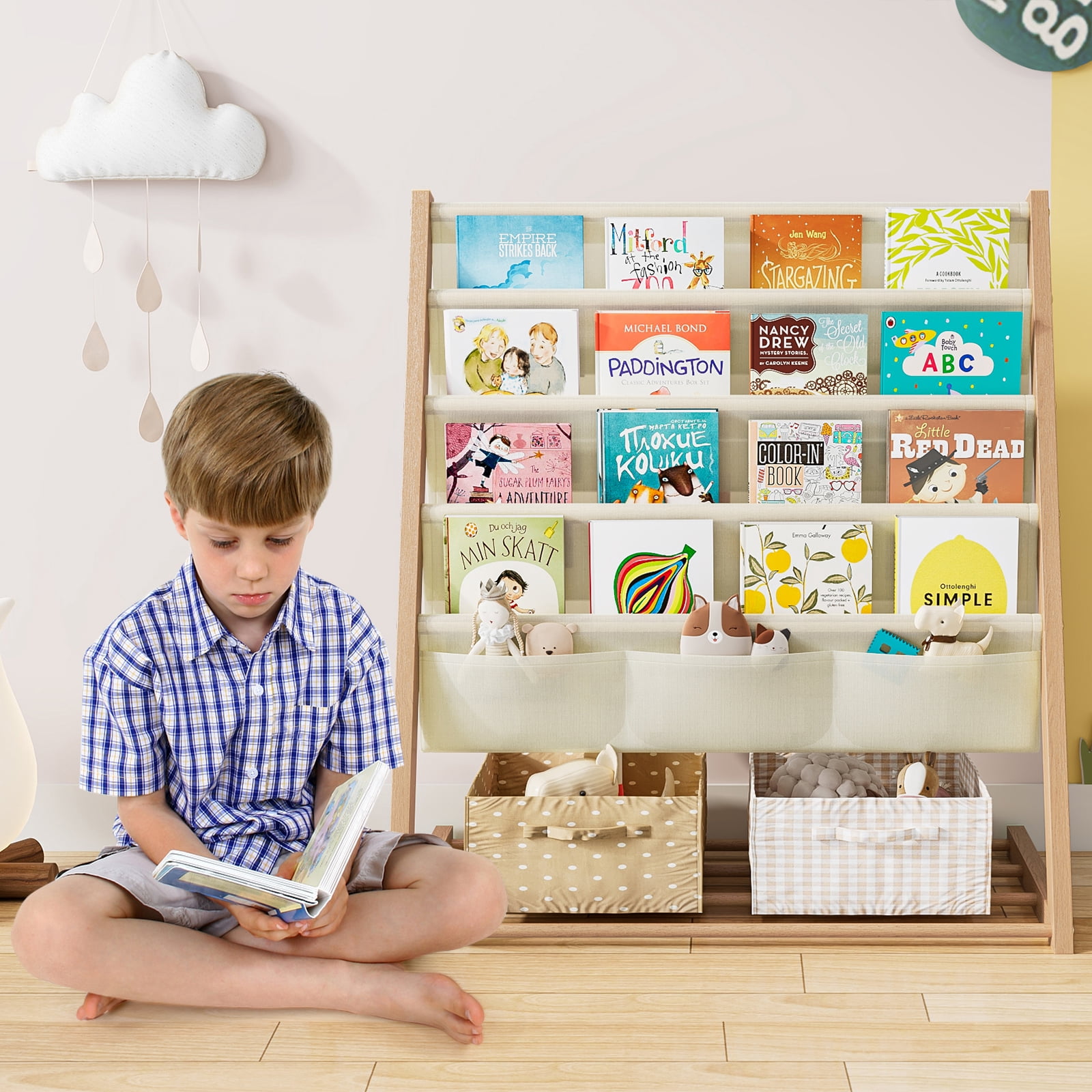 Bookcase, Bookshelf 4 Sling Book Rack Book Display with Storage Classroom Bookshelf 4 Tier Beige