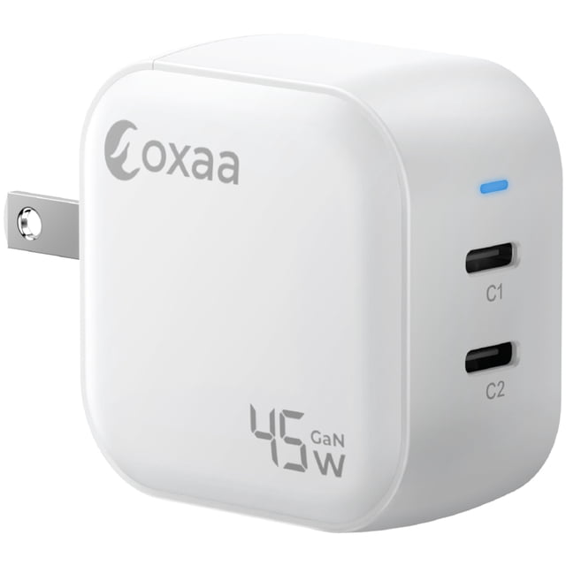 OXAA Chargeur Mural Rapide GaN 45 W à 2 Ports USB‐C – avec Power Delivery 3.0, Adaptateur Compact Type‐C, Compatible avec iPhone, Samsung Galaxy, iPad et Appareils Compatibles USB‐C