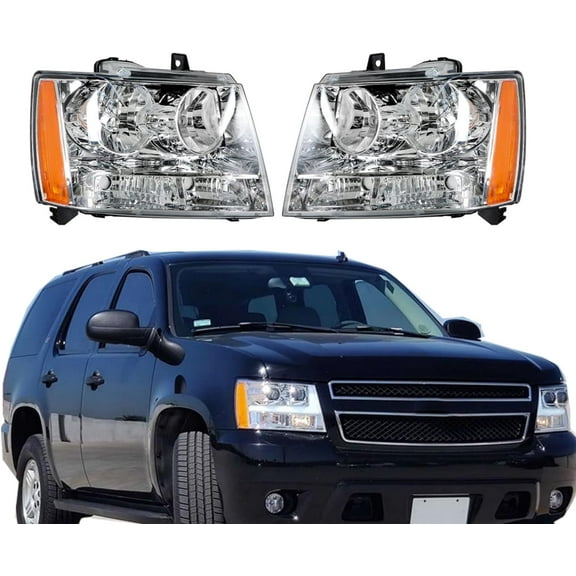 ALL-CARB Driver Side and Passenger Side Headlights Assembly Halogen Replacement for Avalanche/Suburban/Tahoe 2007-2014 Housing Chrome Lamp LH RH 2PCS GM2502263 GM2503263