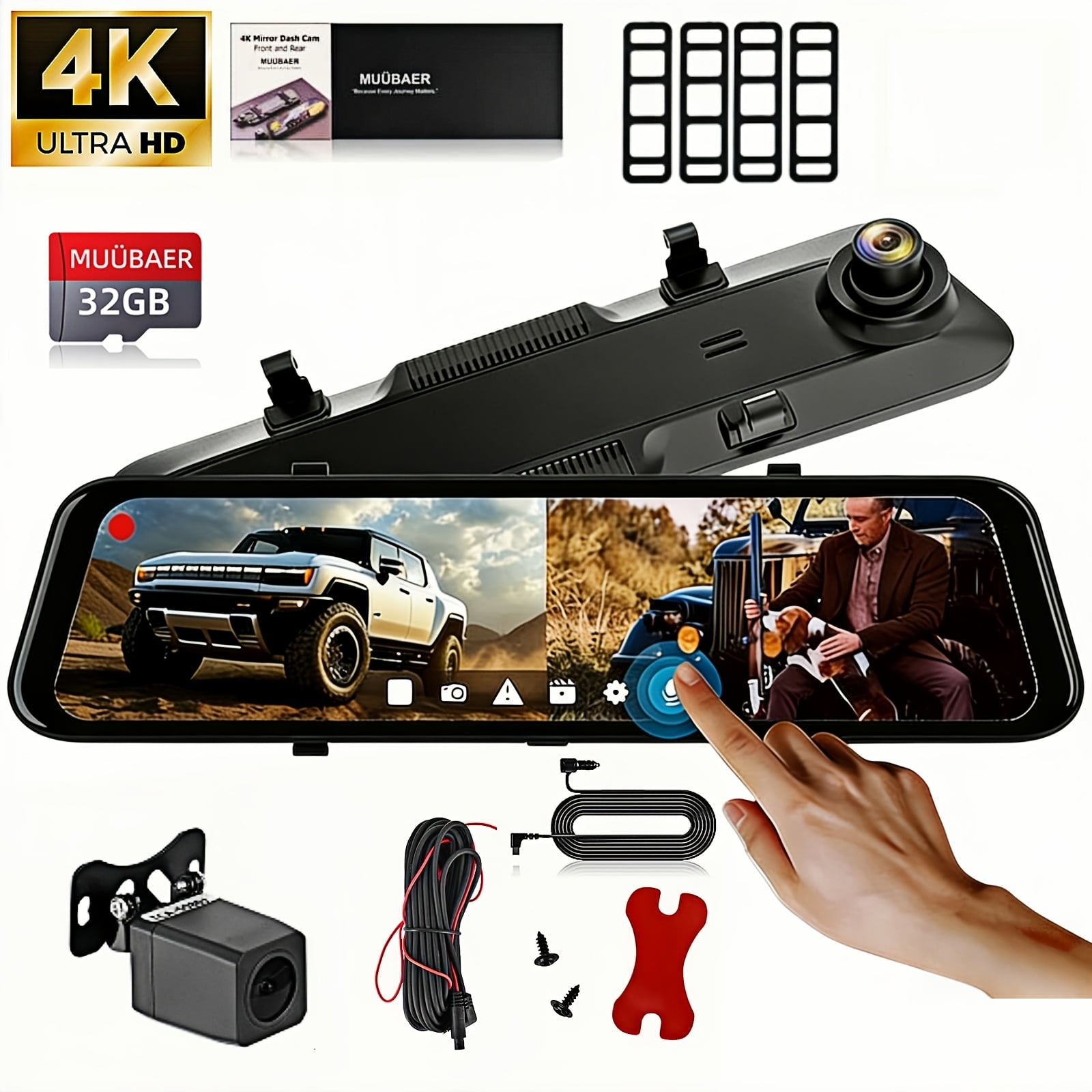 4k Front and Rear Dash Cam | Mirror Dash Cam with 9.66" IPS Touch Screen, Dual Cameras, Loop Recording, G-Sensor, Parking Assistance, Backup Camera, For Cars and Trucks, New Year Gift - MUÜBAER