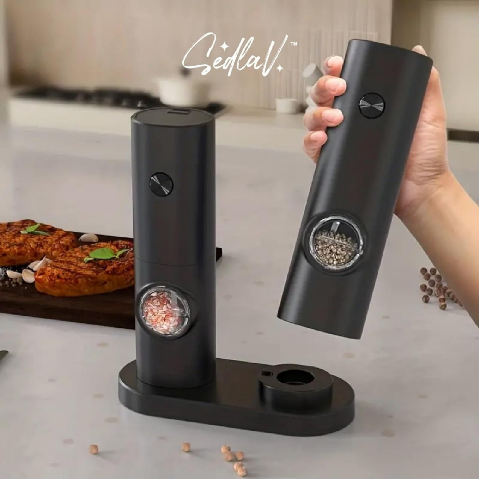 Salt and Pepper Grinder Set - Battery-Powered, Adjustable Coarseness, LED Illumination, with Storage Base