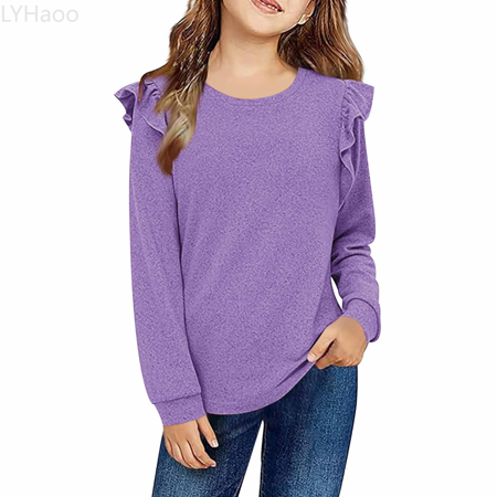 LYHaoo Girls Long Sleeve Blouse Top With Lace Trim Fashionable Fall Winter Tunic Shirt For Big Kids And Tweens Casual Hoodies Sweatshirts Sizes 2-3 Years(Purple)
