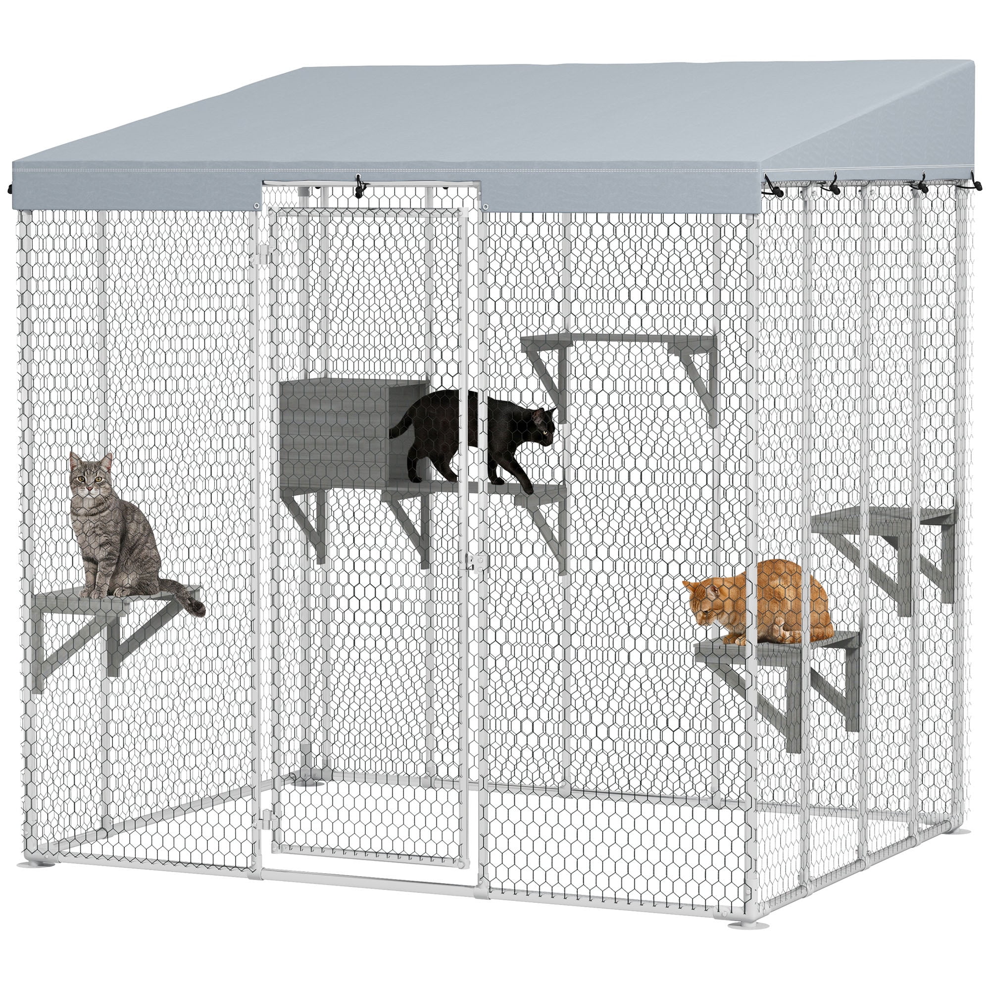 PawHut Large Catio Outdoor Cat Enclosure, Galvanized Steel Outdoor Cat House with 420D Waterproof Canopy for 1-3 Large Cat, Walk-in Cat Cage, Silver