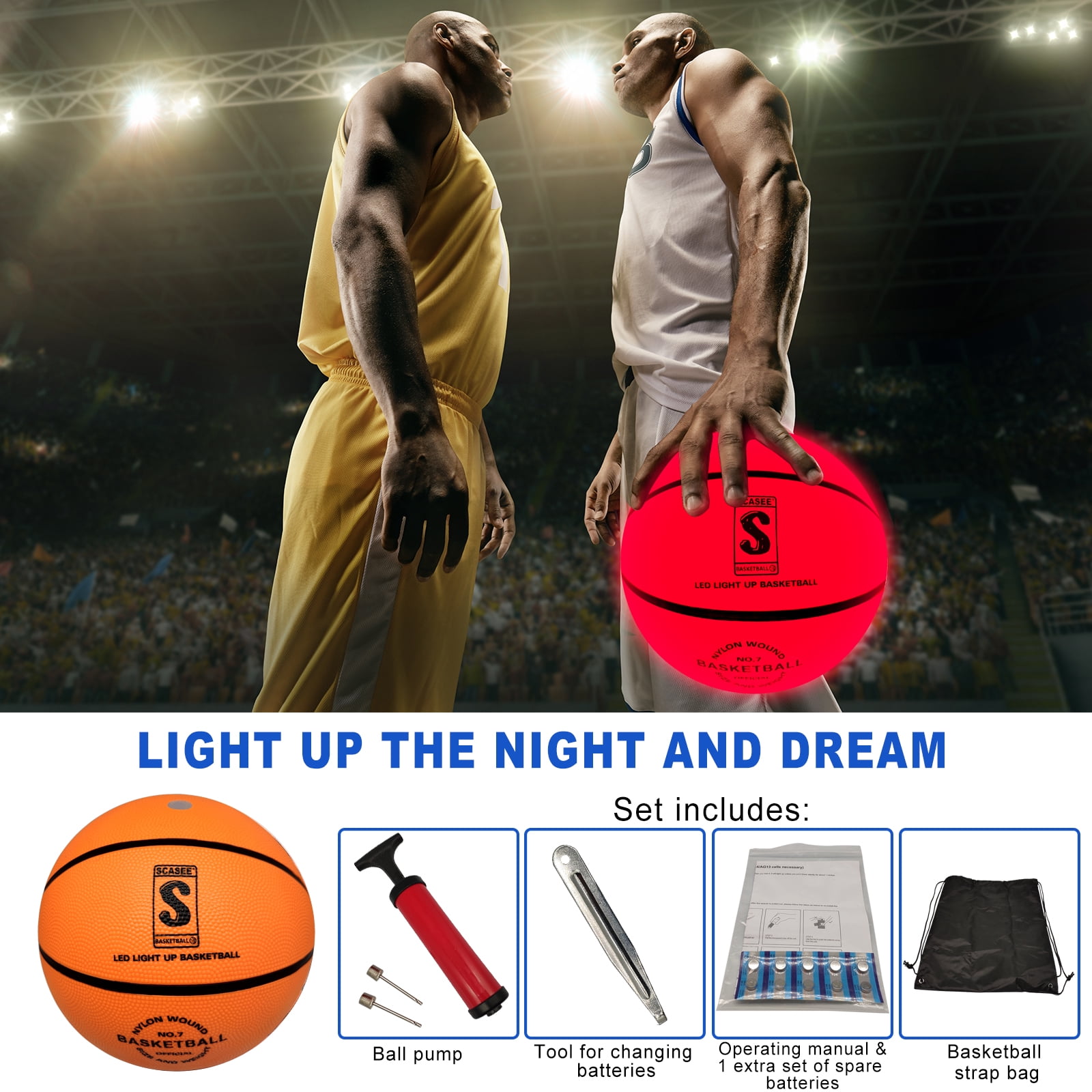 Light Up Basketball Night Light - Official Size 7 - Waterproof Glow Basketball with Two High Bright LEDs Perfect Glow in The Dark,Official Size& Weight with Pump for Man Teen Boy for Gift Toys