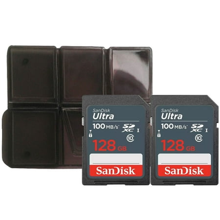 2x Sandisk Ultra 128 GB SDXC UHS-I Memory Card 100 MBs with Memory Card Holder