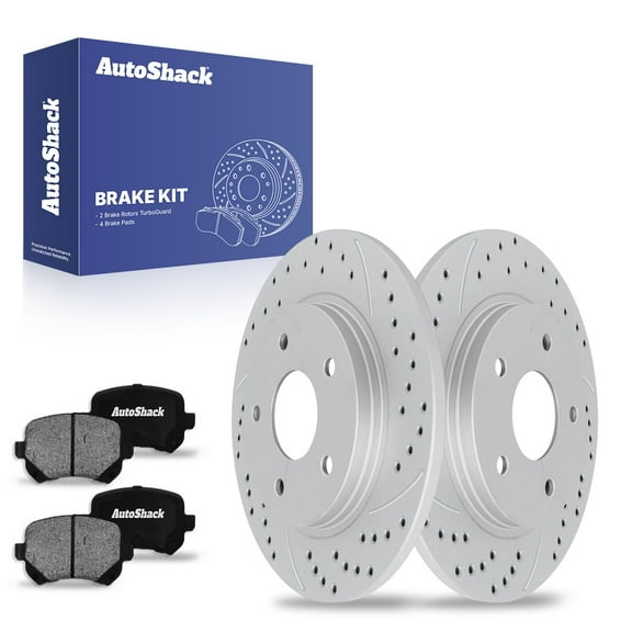 AutoShack 12.01" (305 mm) Rear Solid Drilled & Slotted Brake Rotors Coated   Ceramic Brake Pads | Replacement for 2008-2011 Dodge Grand Caravan | Silver Matte Finish | 6-PC Brake Kit | TurboGuard