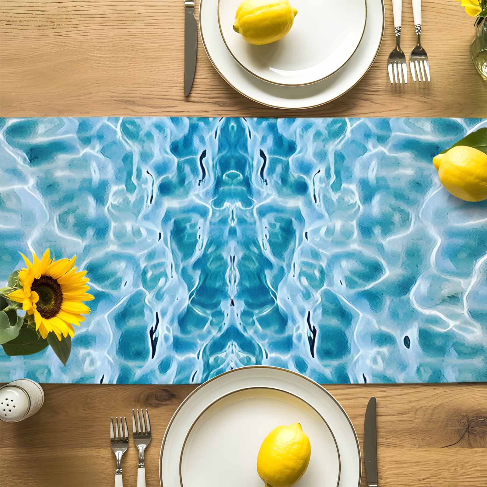 Blue Sea Water Ripple Table Runner 90 Inches Long, Ocean Seabed Table Runners Tabletop Scarf Kitchen Dining Tables Decoration for Home Party Indoor Outdoor