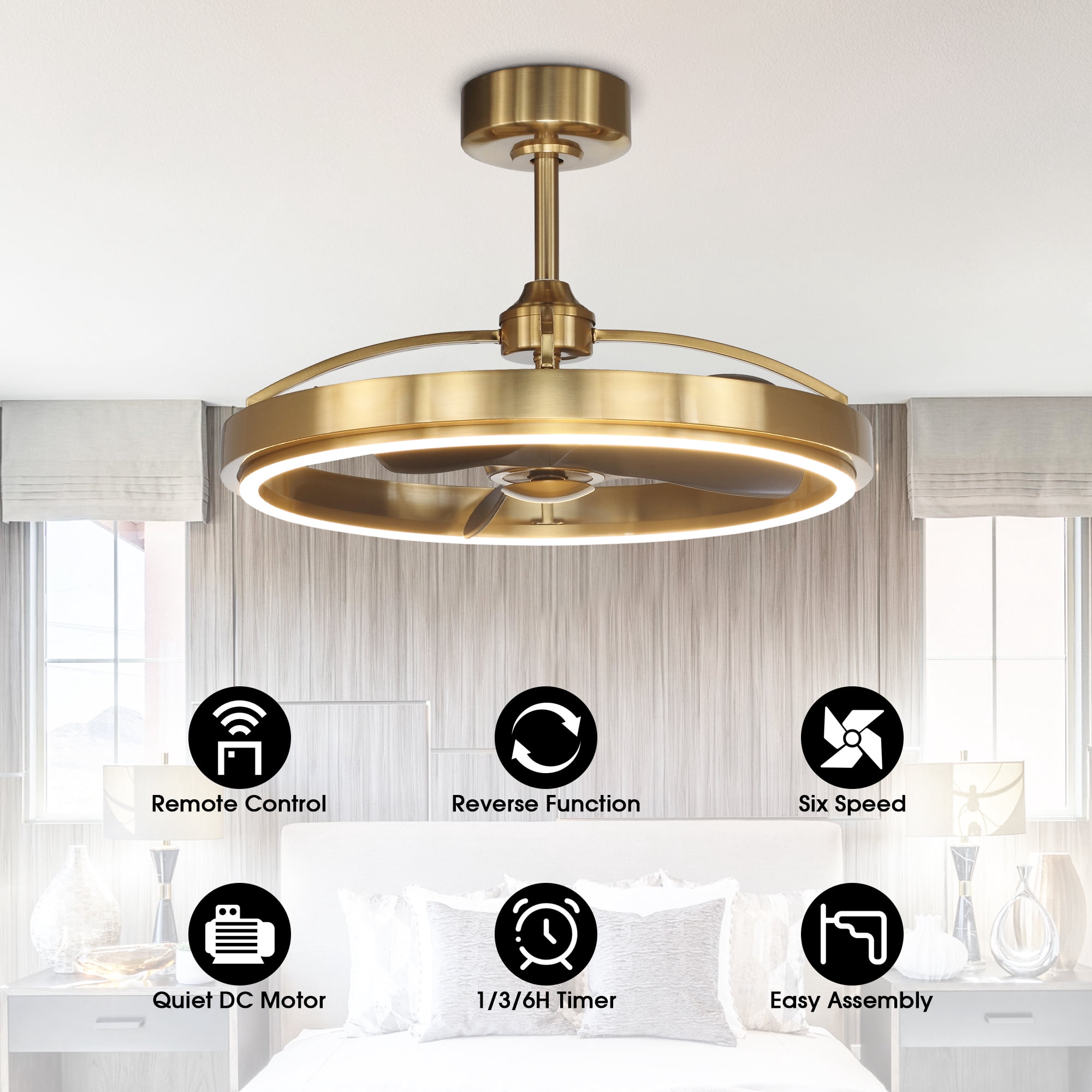 Parrot Uncle 27-Inch Modern Gold Reversible Fandelier Ceiling Fan with LED Light and Remote Control