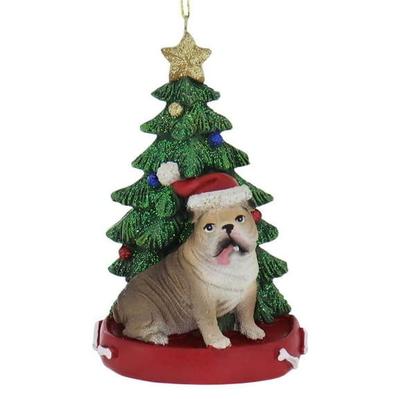 Kurt Adler 4.25" Resin Bulldog with Christmas Tree Ornament – Holiday Dog Decoration
