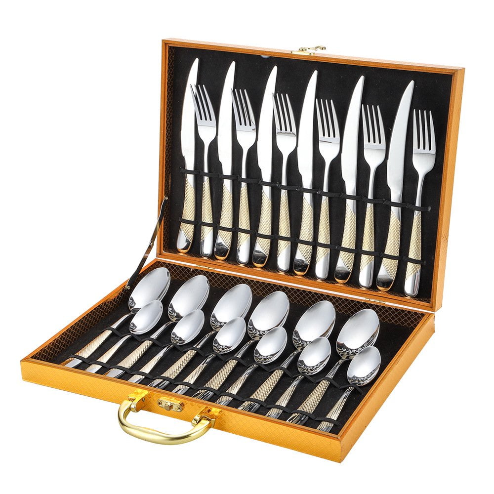 24 Piece Gold Silverware Set 18 10 Heavy Duty Stainless Steel Flatware Service for 6 Cutlery Include Knife Fork Spoon Coffee Spoon Mirror Polished Dishwasher Safety Walmart