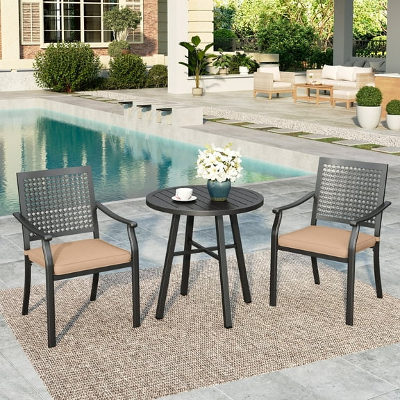Summit Living 3-Piece Patio Furniture Set, Outdoor Bistro Set with Round Coffee Table and Stackable Chairs with Cushions, Black & Brown