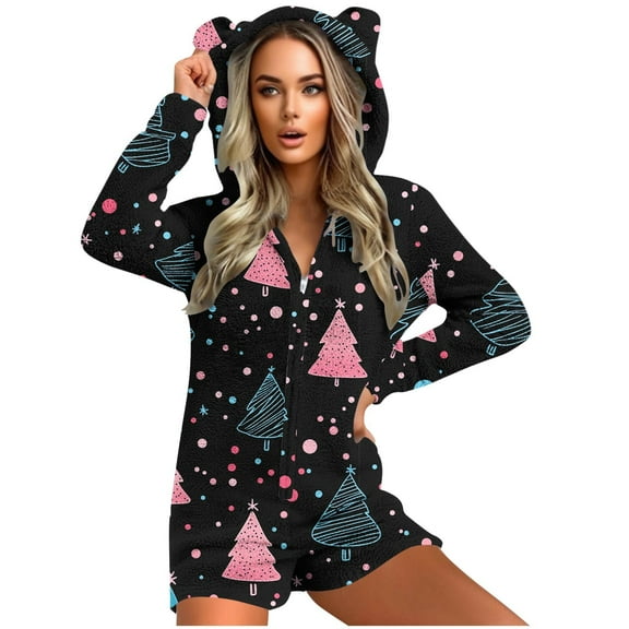 Christmas Jumpsuit Pajamas for Women Holiday Graphic Long Sleeve Hooded Zip Up Short Pants Fleece Lined Homewear Black XL