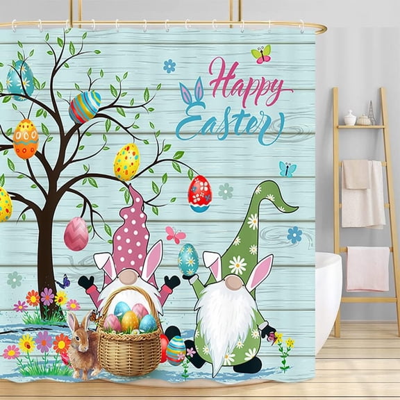 Easter Shower Curtain, Cute Gnomes Funny Cartoon Rabbit Bunny Easter Eggs Tree on Wooden Bath Curtain, Colorful Floral Flowers Butterflies Spring Waterproof Fabric Bathroom Accessories, 72X72in