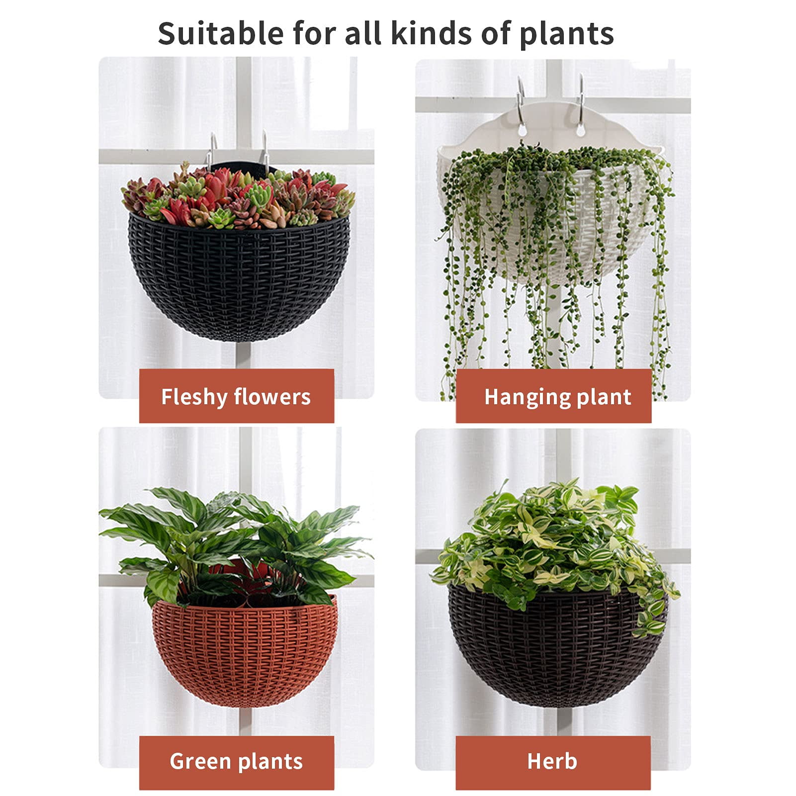 2 Pcs Imitation Rattan Wall Hanging Flower Pot, Semicircle Hanging Planters Outdoor with Drainage Hole and Hooks
