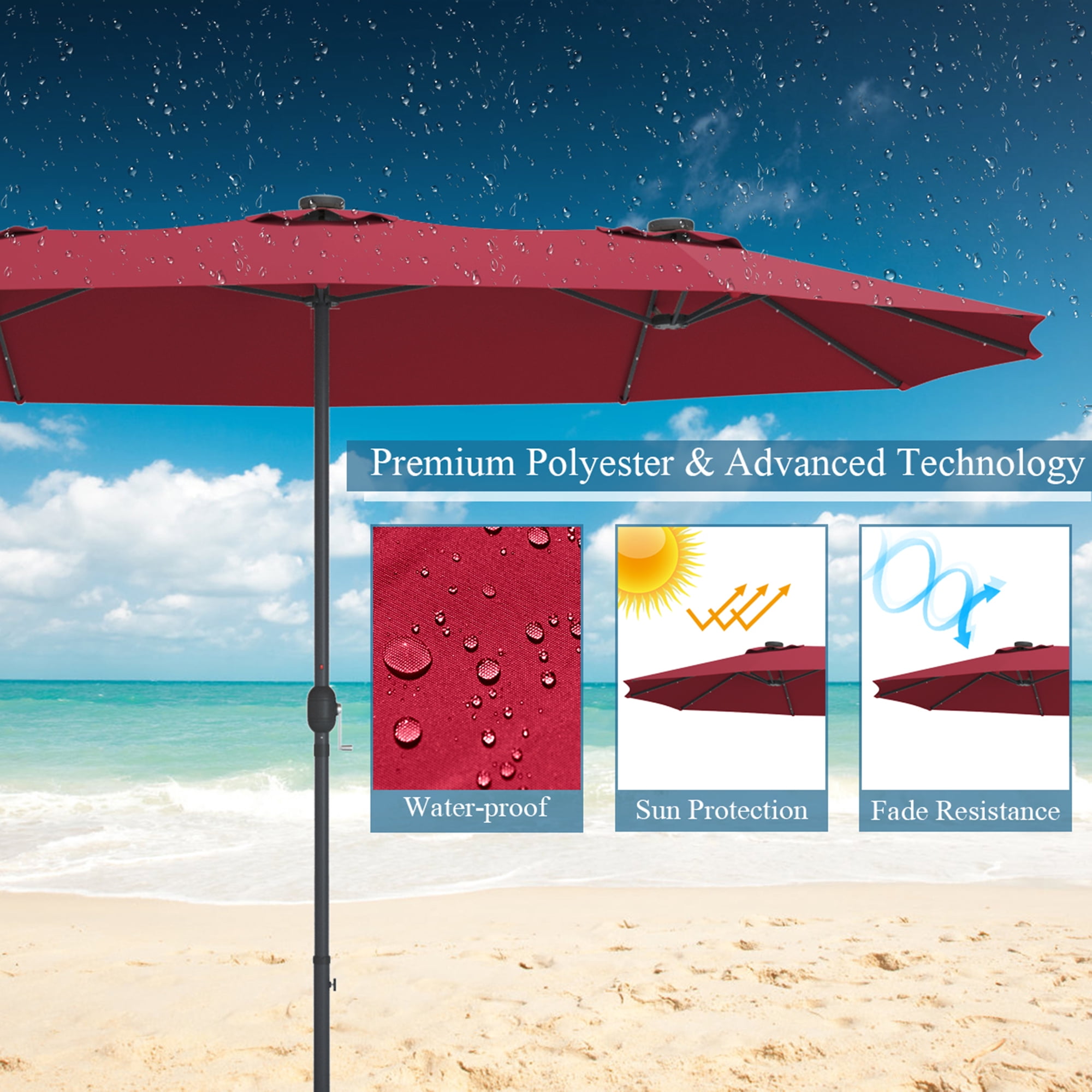 Gymax 15Ft Solar LED Patio Outdoor Double-Sided Umbrella w/ 36 Lights Crank Burgundy