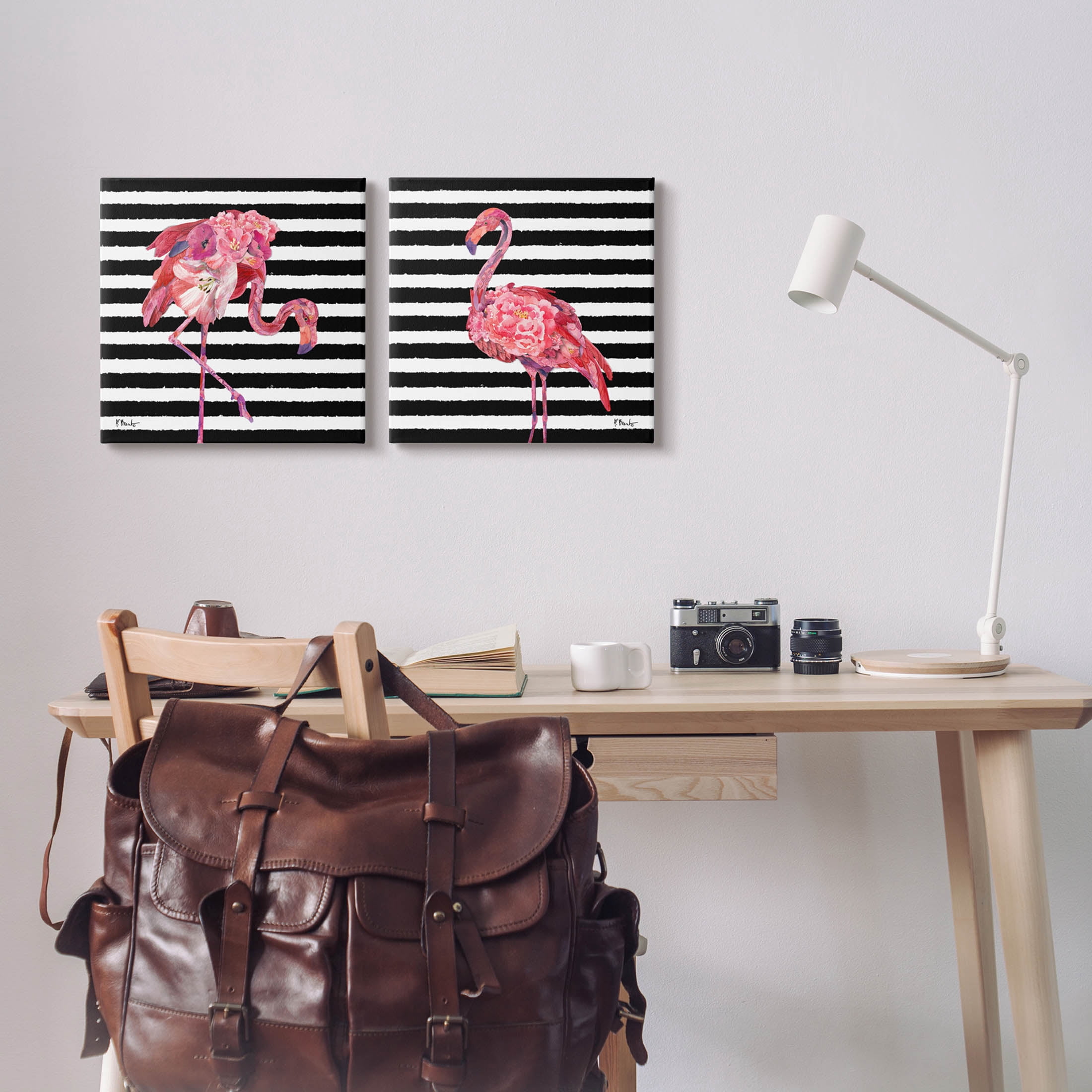 Bold Striped Flamingo Blossoms Animals & Insects Graphic Art Gallery Wrapped Canvas Print Wall Art, Set of 2