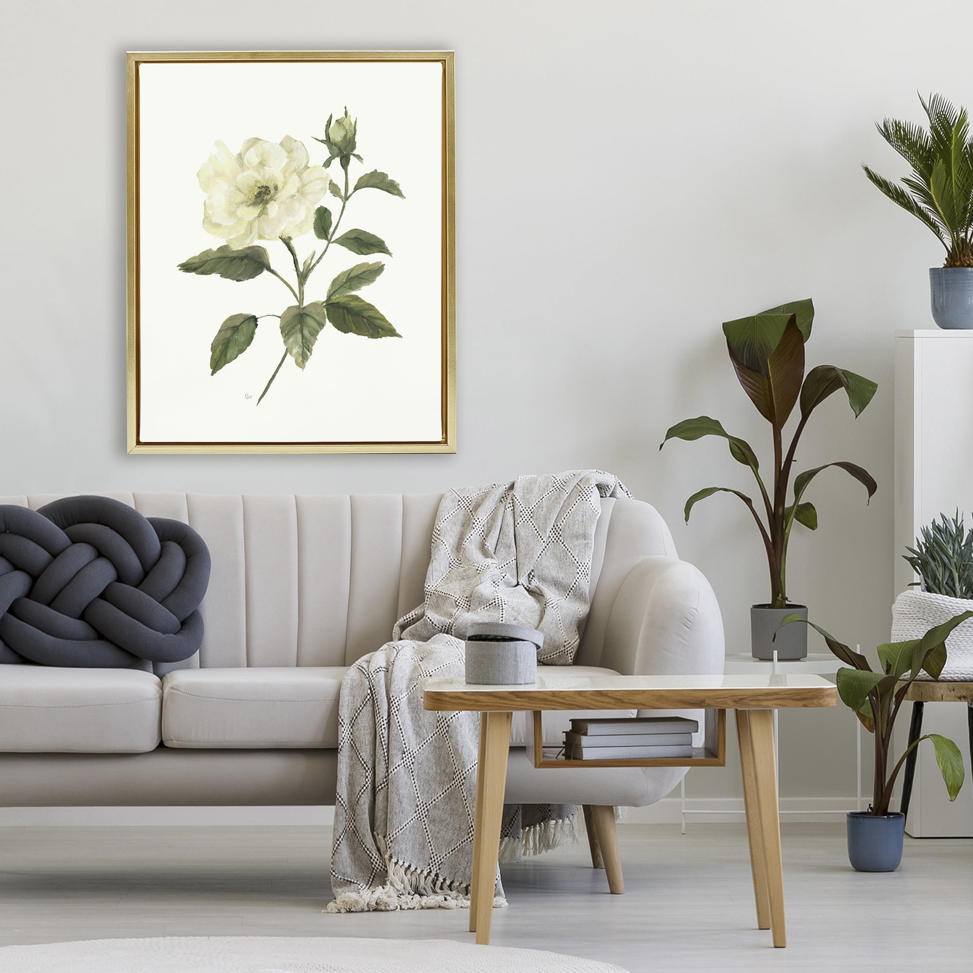 Stupell Industries Ivory Rose Bloom With Green Foliage Gold Framed Floater Canvas Wall Art, design by Nan