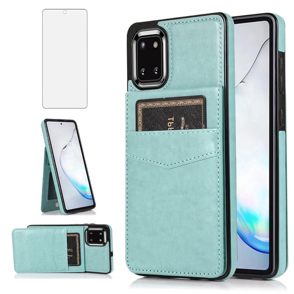 Asuwish Screen Protector Included PU Leather Soft Shell Wallet Cell Phone Case with Screen Protector for Samsung Galaxy A81, Teal