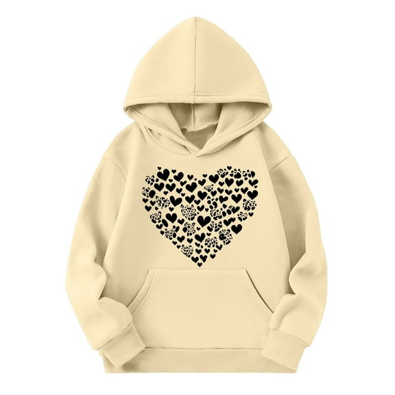 SwiftWear Boys Girls Hearts Print Long Sleeve Hooded Neck Pullovers Sweatshirts Kids Hoodies with Kangaroo Pocket, 3-14T, Beige