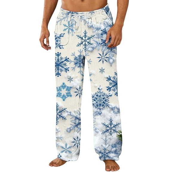 successthop Christmas Flannel Pajama Pants Men Snowflakes Cozy Sleep Bottoms Elastic Trousers with Pocket Sleep Bottoms