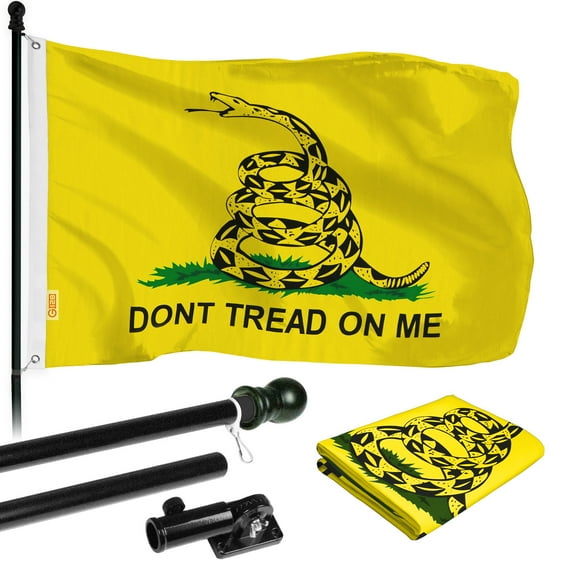 G128 - 6 Feet Tangle Free Spinning Flagpole (Black) Gadsden Brass Grommets Printed 3x5 ft (Flag Included) Aluminum Flag Pole