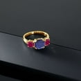 thumbnail image 3 of Gem Stone King 18K Yellow Gold Plated Silver Blue Lapis and Red Created Ruby 3 Stone Engagement Ring for Women (4.00 Cttw, Gemstone, Cushion 8MM, Size 5), 3 of 5