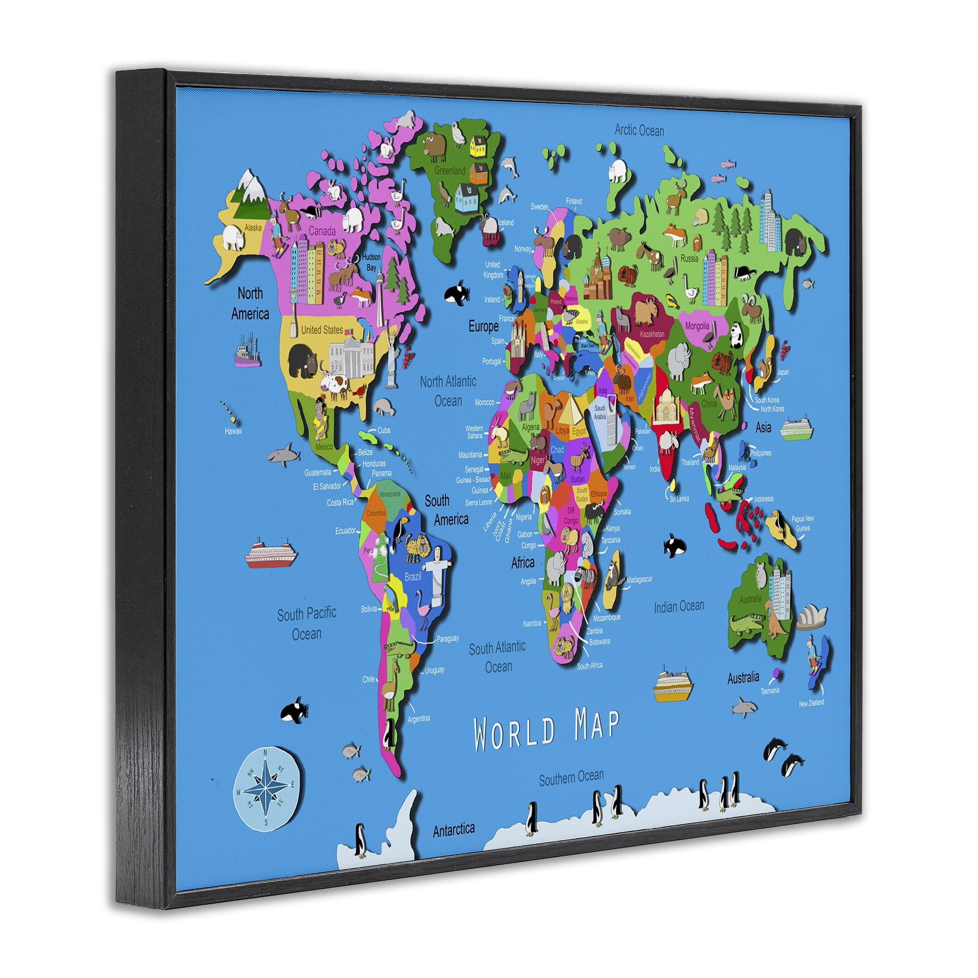 Stupell Industries Educational World Map Travel & Places Painting Black Framed Art Print Wall Art, 20 x 16