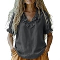 thumbnail image 4 of cocolona Summer Puff Sleeve Tops for Women Ruffle V Neck Loose Shirts Dressy Casual Solid Color Blouses, 4 of 7