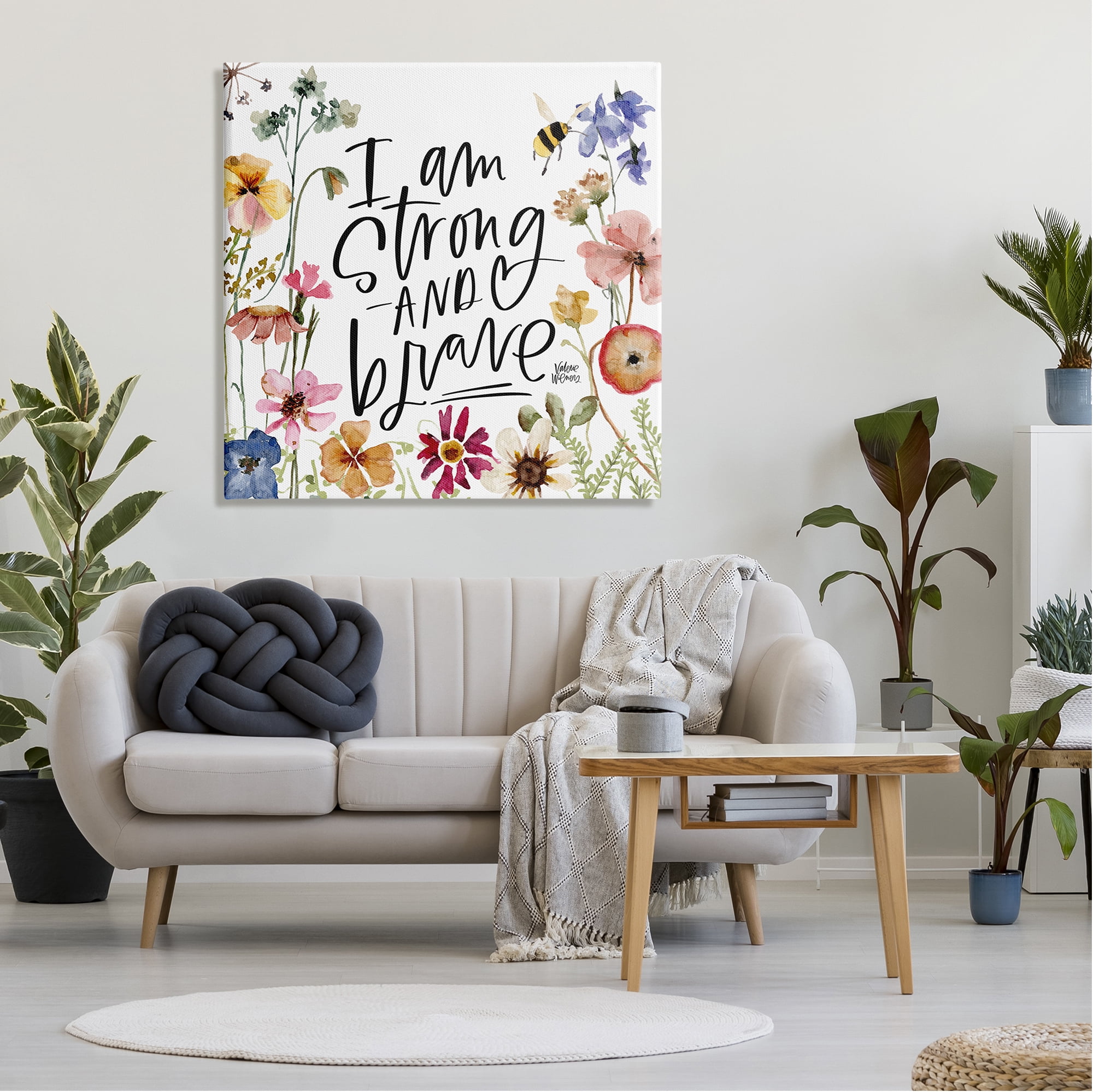 Stupell I Am Strong & Brave Inspirational Phrase Botanical & Floral Painting Gallery Wrapped Canvas Print Wall Art