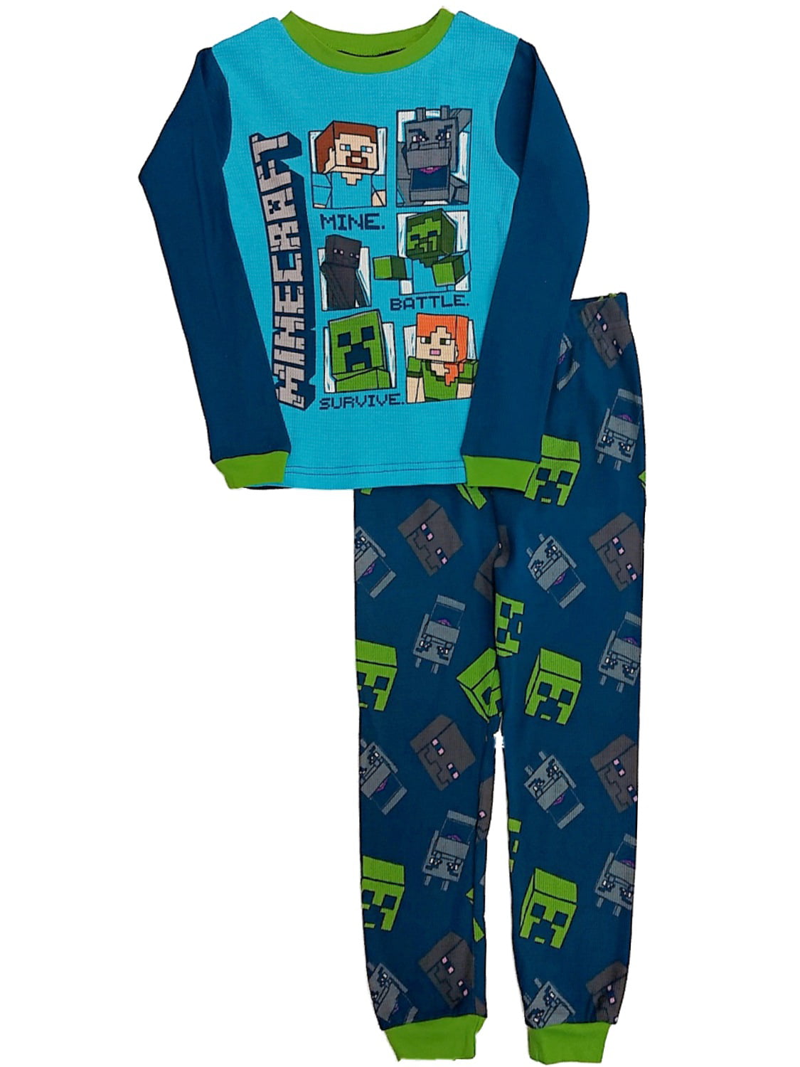 NWT Boys Fun Thermal Underwear Set Minecraft Cotton Waffle Knit Warm Blue Green 
