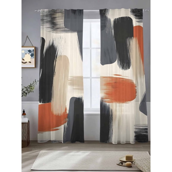 Abstract Color Block Sheer Curtains 96 Inches Long 2 Panels Orange Black Brush Modernism Light Filtering Semi Sheer Window Curtains Drapes for Bedroom Living Room 52"x96"