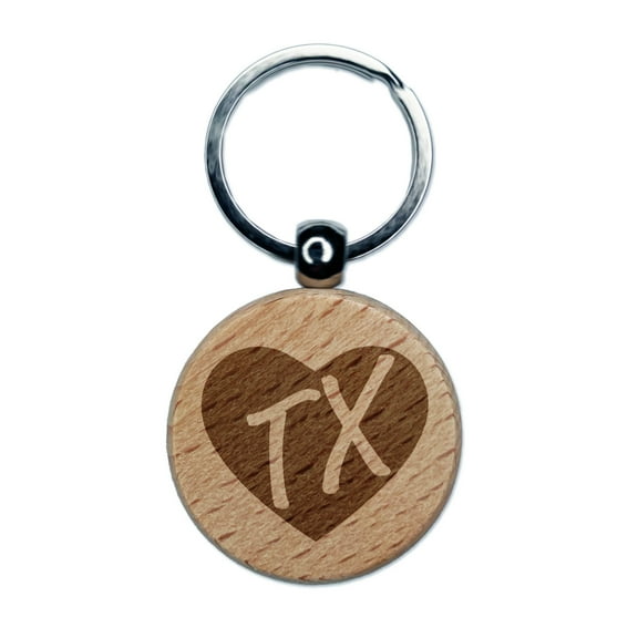 TX Texas State in Heart Round Keychain Charm Tag - Engraved Wood