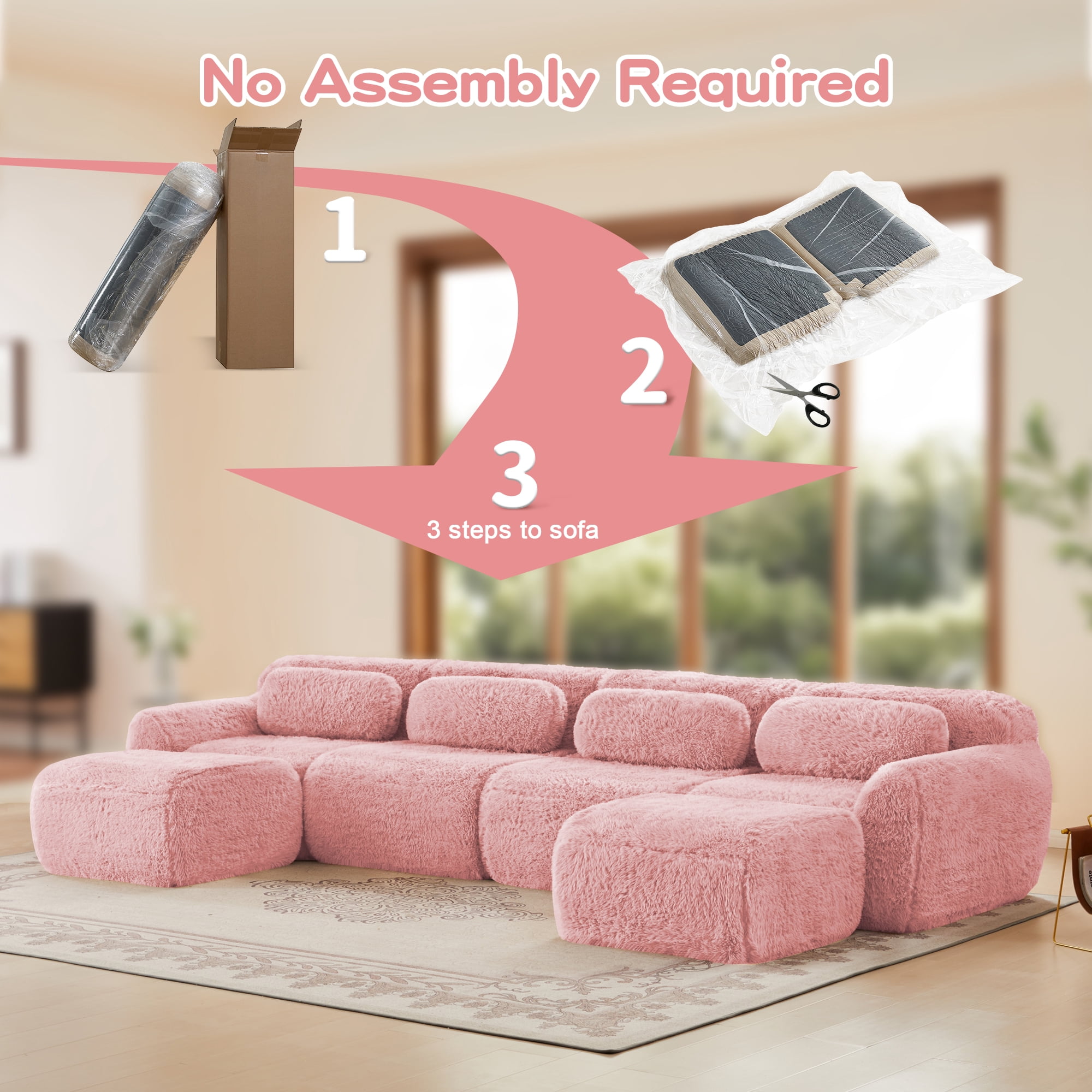 MAYEERTY 149" U-Shaped Boneless Sofa, Pink 32D High Density Foam Ergonomic Couch, Non-Slip Base Vacuum Compression Free Combination No Assembly Design for Living Room Study