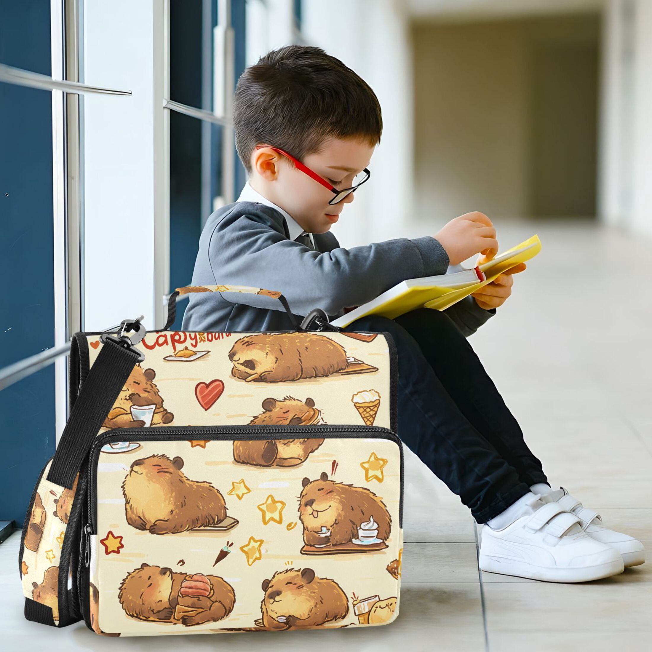 3 Ring Zipper Binder with Shoulder Strap Waterproof Trapper Keeper 2 Inch D-Ring 500 Sheets Capacity Cute Capybaras Doing Various Activities